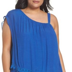 BOBEAU ONE SHOULDER OVER LAY BLUE TOP